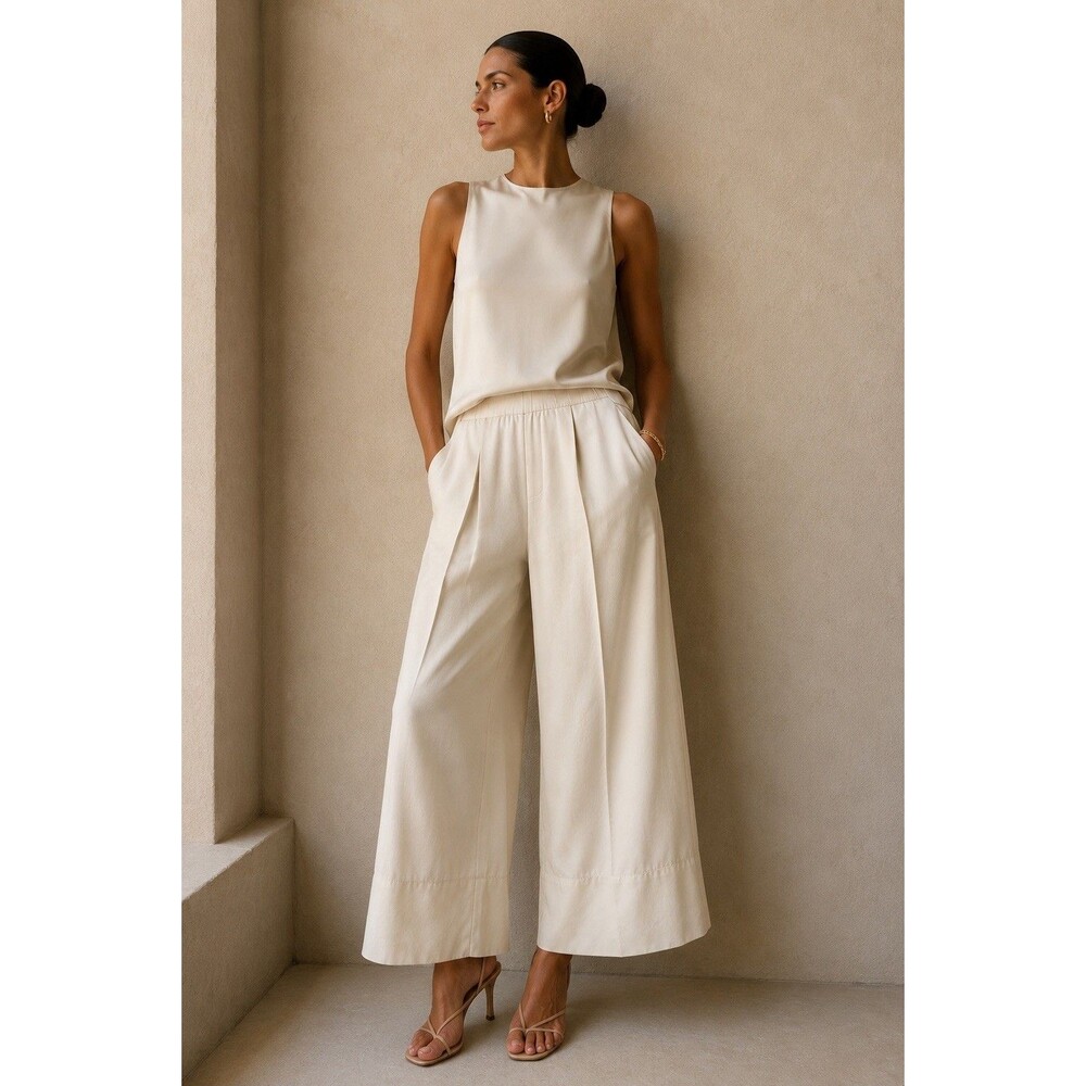 Donna Karan New York Silk Wide Leg Pants Womens 10 Ivory Italian Fabric Crop